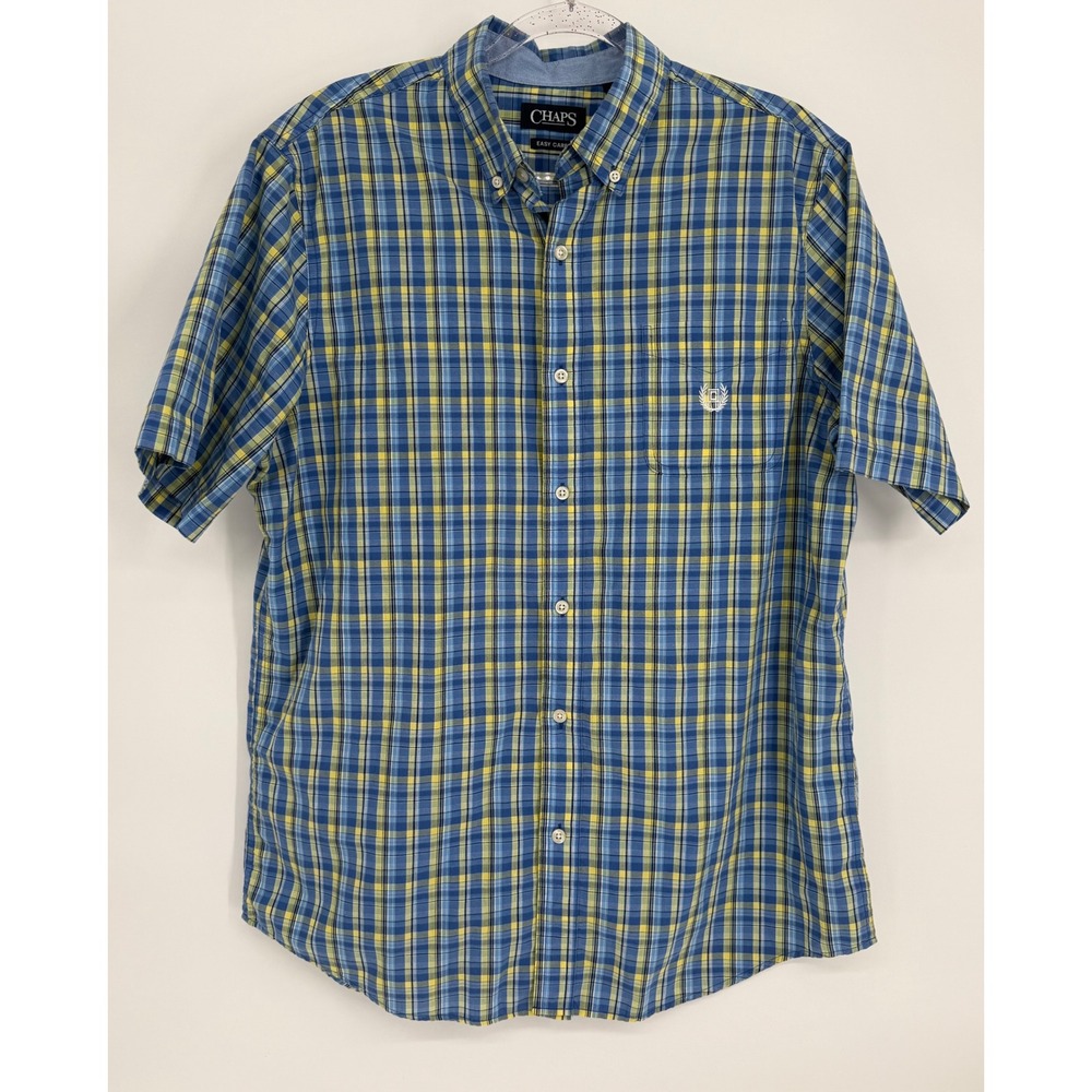 Chaps Mens Sz L Blue Yellow Plaid Easy Care Short Sleeve Button Down Shirt